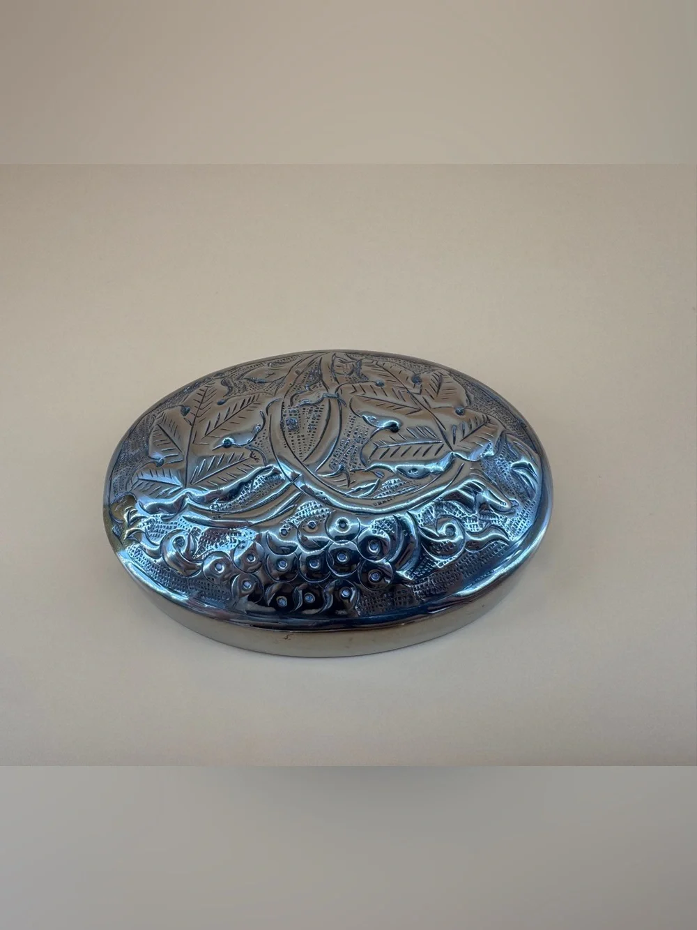 Silverplated Oval Repousse Jewelry Trinket Box